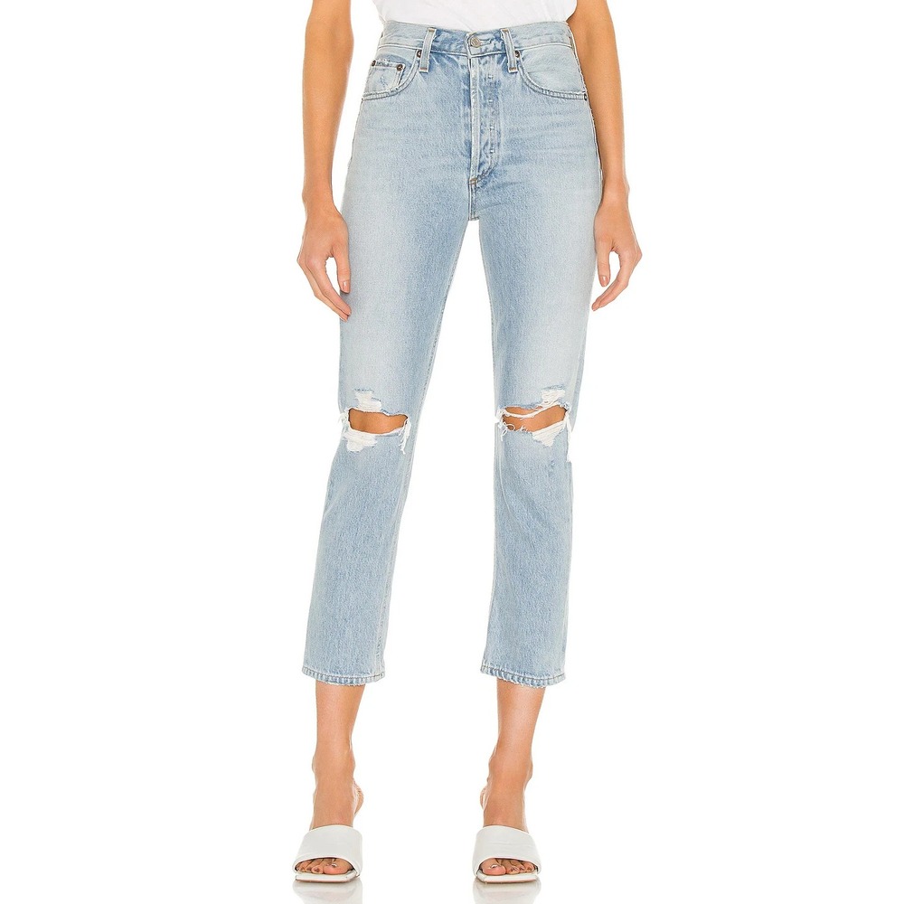 AGOLDE Riley High‎ Rise Straight Crop Jeans Clear Skies 26 Distressed Button Fly